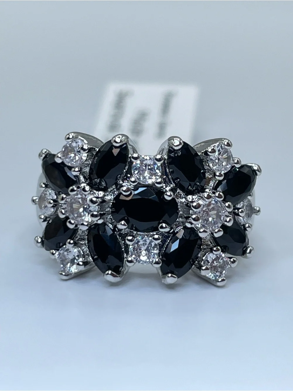 Swarovski Crystal Elements Black White Crystal Floral Cluster Ring Sz 7